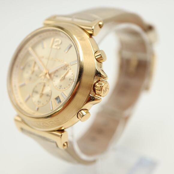 Michael Kors Maren Chronograph Gold Tone 40mm Watch Leather MK7509 w New Battery
